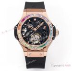 Swiss Super Clone Hublot Big Bang Real Tourbillon 44 mm Watch in Rose Gold Rainbow Bezel